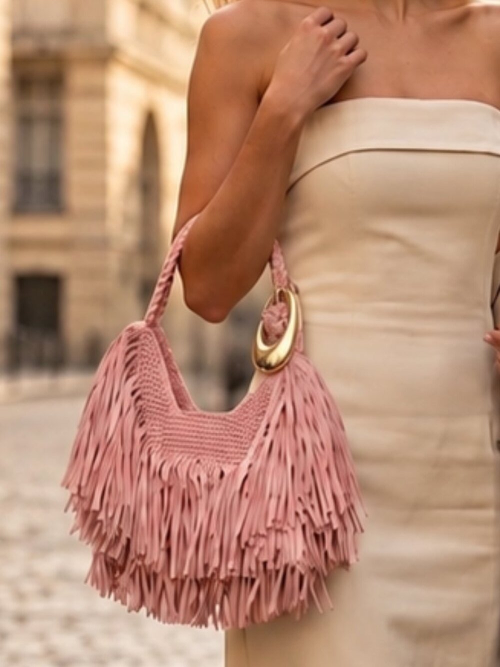 NWOT Anthropologie Fringe Hobo Hand Shoulder Bag in Pink